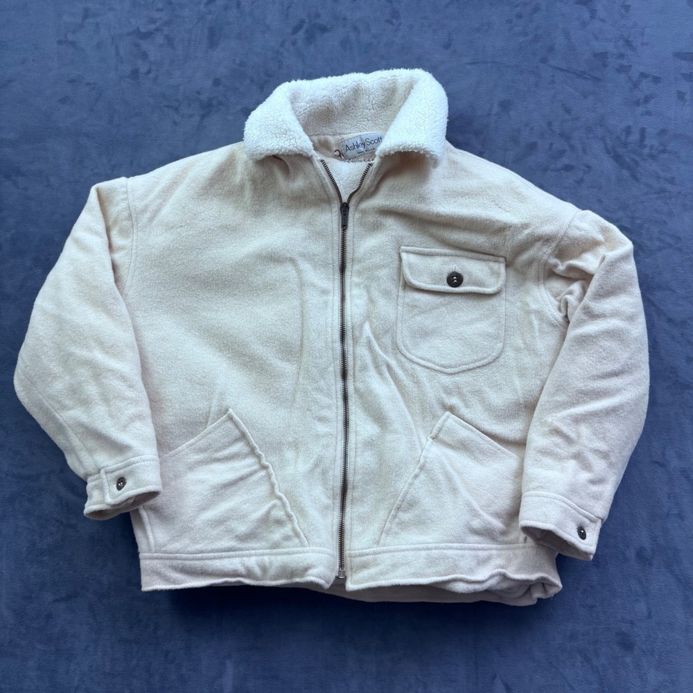 Vintage Ashley Scott Fleece Jacket Cream Faux Shearling Lined Zip Up Made in USA